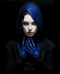 the painting about a person with a blue glove and blue stars on her head
