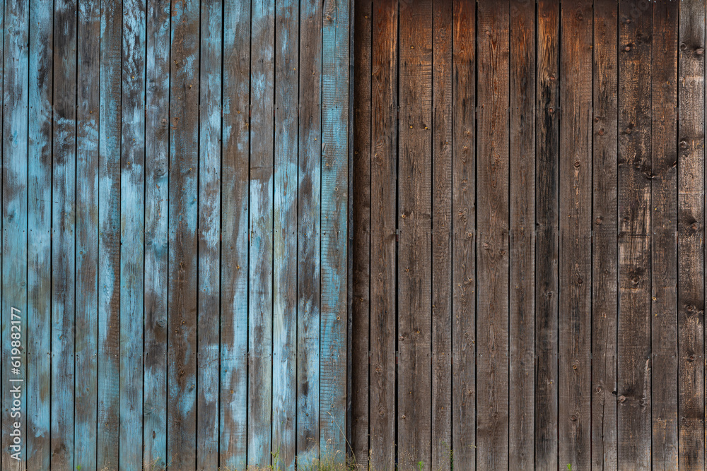 Wall mural Gates from old weathered boards arranged vertically. One half painted blue.