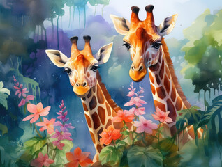 Watercolor image of beautiful giraffes