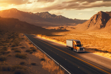 Fototapeta premium Majestic scene capturing a semi-truck effortlessly crossing the expansive terrain of the southwest United States. Generative AI