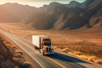 Majestic scene capturing a semi-truck effortlessly crossing the expansive terrain of the southwest United States. Generative AI