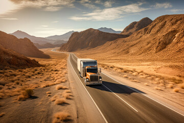 Majestic scene capturing a semi-truck effortlessly crossing the expansive terrain of the southwest United States. Generative AI