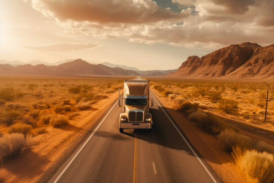 Majestic scene capturing a semi-truck effortlessly crossing the expansive terrain of the southwest United States. Generative AI