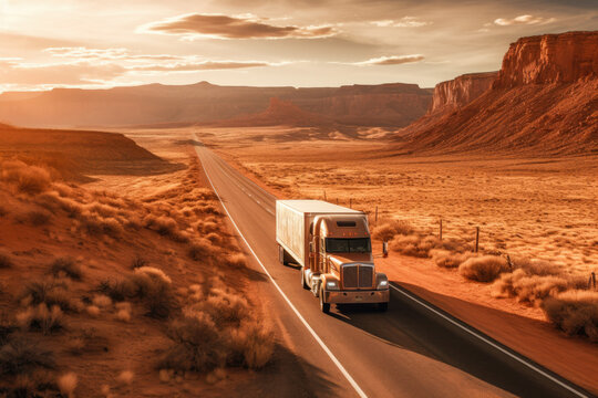Majestic scene capturing a semi-truck effortlessly crossing the expansive terrain of the southwest United States. Generative AI