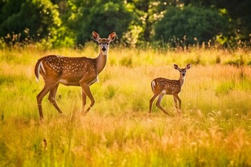 Naklejka na ściany i meble a mother deer and her calf in the meadow