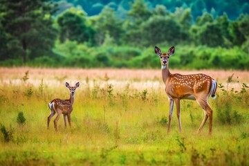 a mother deer and her calf in the meadow