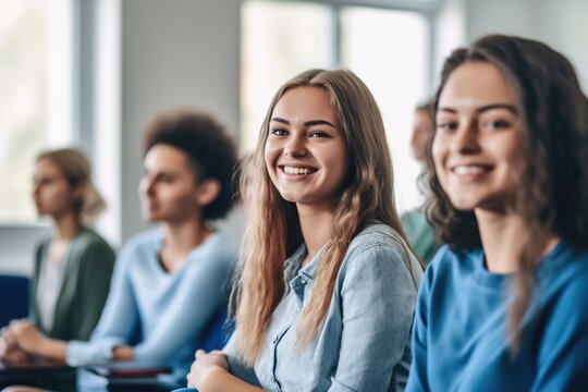 student education class lecture university college school classroom study woman group learning young lesson studying man female sitting classmate learn generative ai