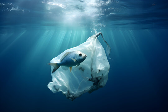 Fish in a plastic bag, Water pollution concept, ecological problems, waste in the ocean, rubbish in nature, generated ai