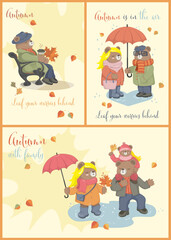 Autumn cards with cartoon bears in autumn. Vector illustration for icon, logo, stickers, t-shirt and etc.