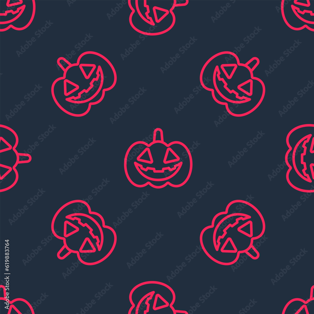 Poster Red line Pumpkin icon isolated seamless pattern on black background. Happy Halloween party. Vector