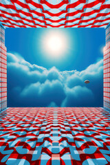 red and blue sky with clouds, pop surrealism