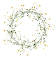 Wreath of yellow flower meadow, forest flowers. Buttercup known as Ranunculus acris, sitfast, spearworts or water crowfoots.Watercolor hand painting illustration on isolate. , circlet of flowers - obrazy, fototapety, plakaty