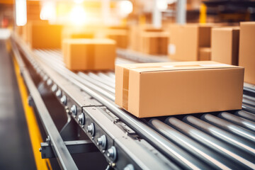 Closeup of a cardboard box package seamlessly moving along a conveyor belt in a warehouse, generative ai