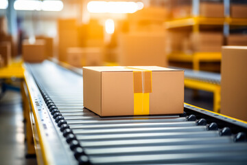 Closeup of a cardboard box package seamlessly moving along a conveyor belt in a warehouse, generative ai