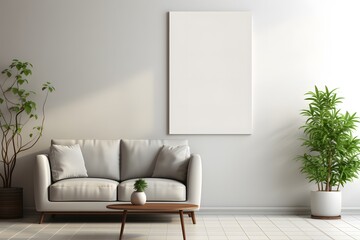 Modern clean room interior with mock up photo frame or poster with sofa chair and plants. Modern interior room, white walls. white chair, sofa.