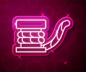 Glowing neon line Marine bollard with rope tied on pier icon isolated on red background. Vector