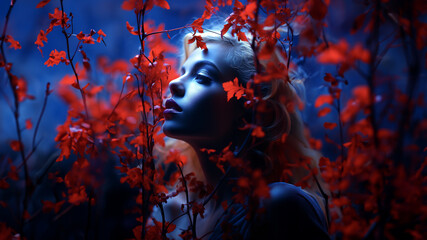 Frauen Gesicht sinnlich im blauton mit roten Blättern als Poster Nahaufnahme, ai generativ