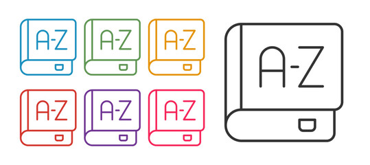 Set line Translator book icon isolated on white background. Foreign language conversation icons in chat speech bubble. Translating concept. Set icons colorful. Vector