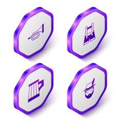 Set Isometric Trumpet, Lederhosen, Wooden beer mug and Oktoberfest man icon. Purple hexagon button. Vector
