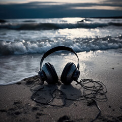 Headphones on the seashore calm music white noise of the sea created with Generative AI