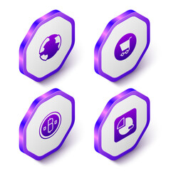 Set Isometric Worldwide, Shopping cart, Cryptocurrency coin Bitcoin and Pie chart infographic icon. Purple hexagon button. Vector