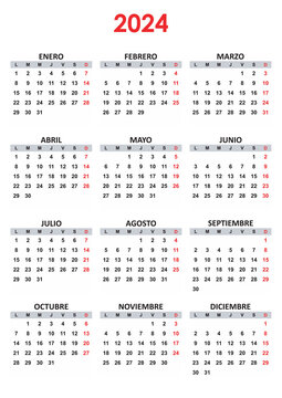 Spanish Yearly calendar. 2024 mockup. Annual Vertical template. First day lunes monday. Classic simple minimal design. Black numbers on white background.