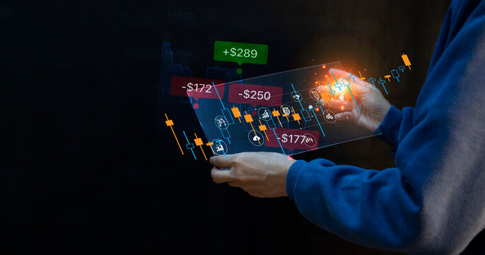 Planning & Strategy Stock Market Business Growth progress or success Businessman or trader hand touches showing virtual hologram stock invest in trading.