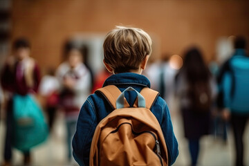 A boy with a backpack seen from behind on his first day of school after the holidays. Back to school concept