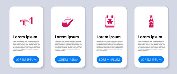 Set Beer bottle with clover, Saint Patricks day calendar, Smoking pipe and Trumpet. Business infographic template. Vector