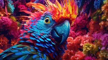 Fototapeta premium Whimsical wild parrot on amazing colorful background wallpaper, ai