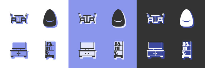 Set Library bookshelf, Table with chair, TV table stand and Pouf icon. Vector