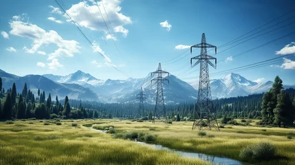 Fotobehang Electricity transmission towers Generative AI © pector