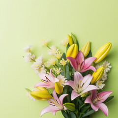 Flowers composition. Frame made of lily flowers on green background. Flat lay, top view, copy space