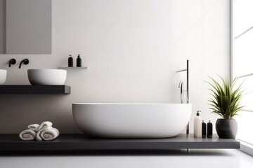 Naklejka na ściany i meble A white bath tub sitting next to a white sink created with Generative AI technology