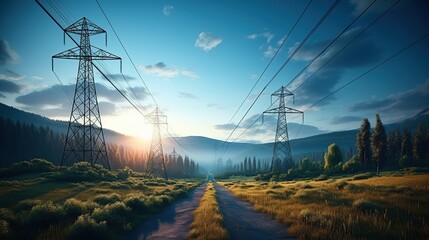Electricity transmission towers Generative AI - obrazy, fototapety, plakaty