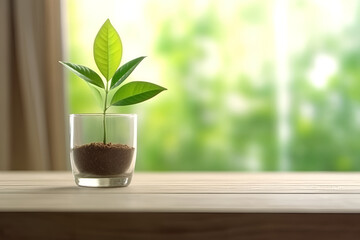 Fototapeta na wymiar Small tree in ground on window sill. Concept of environmental protection renewable energy, green business. Small plant ready for plant in glass on window. Green world concept, earth day. AI generated