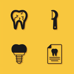 Set Broken tooth, Clipboard with dental card, Dental implant and floss icon with long shadow. Vector