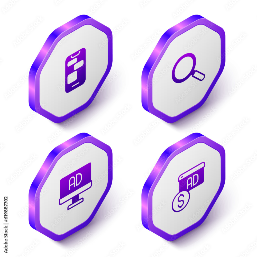 Poster Set Isometric Mobile 24 hours support, Magnifying glass, Advertising and icon. Purple hexagon button. Vector