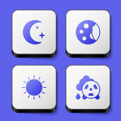 Set Moon and stars, phases, Sun and Acid rain radioactive cloud icon. White square button. Vector
