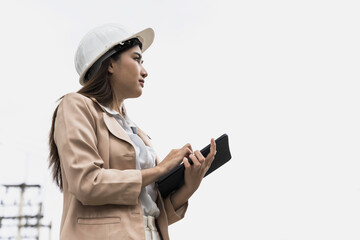 Modern female Engineer holding tablet on white background