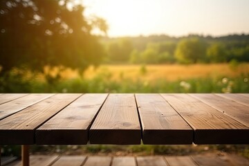 ai generated an image of an empty wooden table backgroundRusticBlurred Grassland