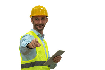 Caucasian engineer with safety vest and helmet uniform holding tablet pointing at camera, Engineer Portrait On White Background
