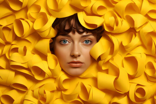 Fototapeta portrait of a woman with yellow paper optical illusion