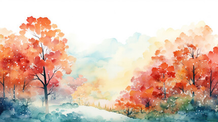 Obraz na płótnie Canvas Autumn watercolor illustration of colorful landscape, forest with orange, red, yellow trees. Fall season holiday concept for postcard. Artistic nature setting, elegant design. 