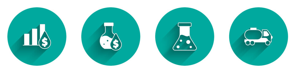 Set Pie chart and dollar, Oil petrol test tube, and Tanker truck icon with long shadow. Vector