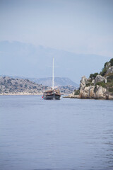 Beautiful view of the sea bay and pleasure yachts on a sunny summer day, in Turkey