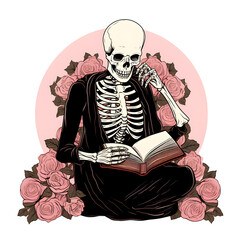 Halloween Readers ,skeleton with a book, rose pink color,Made with Generative Ai.