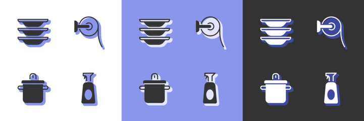 Set Cleaning spray with detergent, Washing dishes, Cooking pot and Toilet paper roll icon. Vector