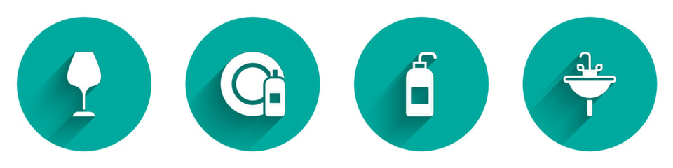 Set Wine glass, Dishwashing bottle and plate, Antibacterial soap and Washbasin icon with long shadow. Vector