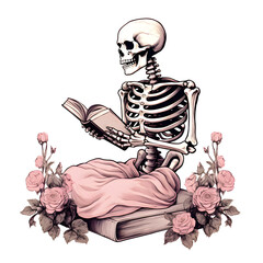 Halloween Readers ,Skeleton reading a book with flowers ,color pink,Made with Generative Ai.